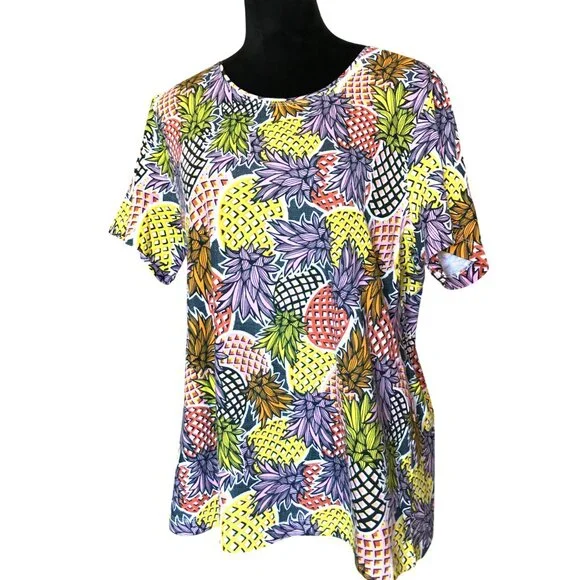 NWOT Rebecca Malone Short-Sleeved Cotton Tee, Colorful Pineapple Print Size XL - Picture 8 of 9